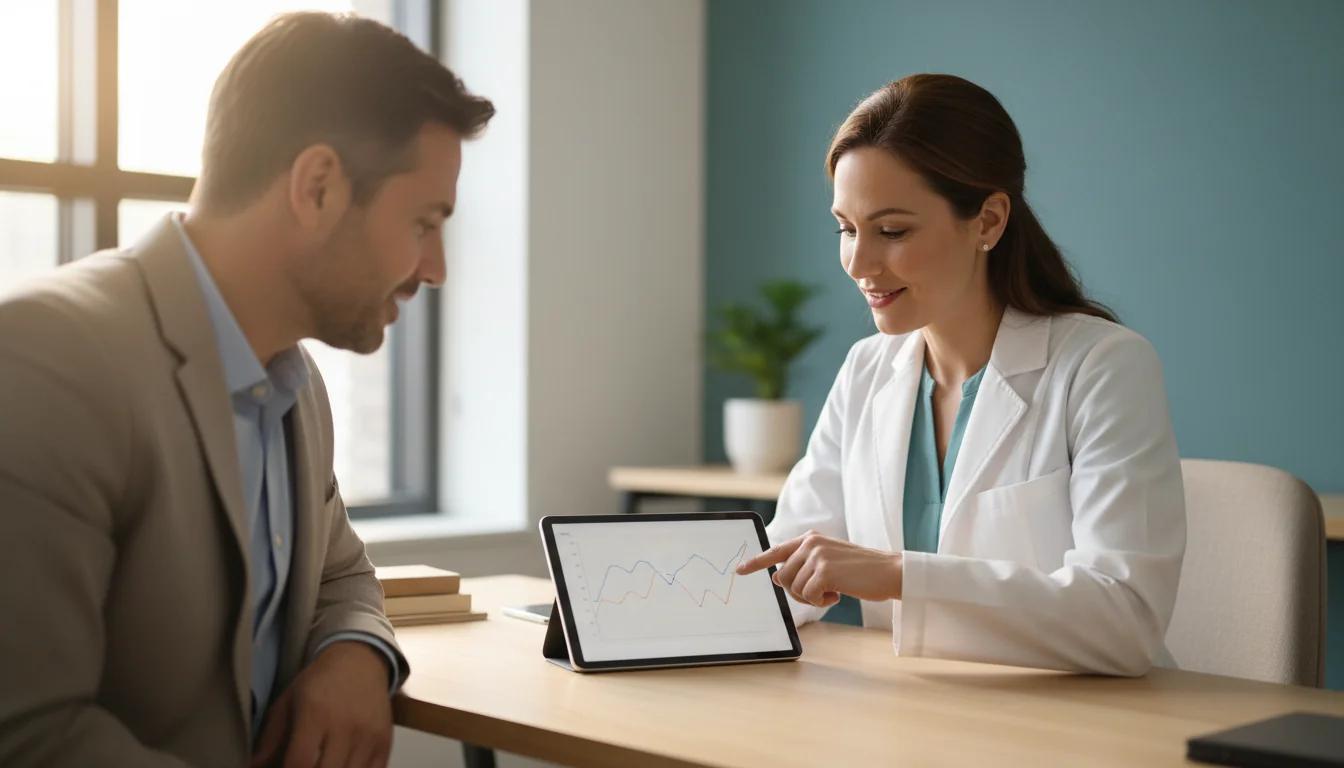 Board-certified physician reviewing lab results with a patient at Advanced Vitality